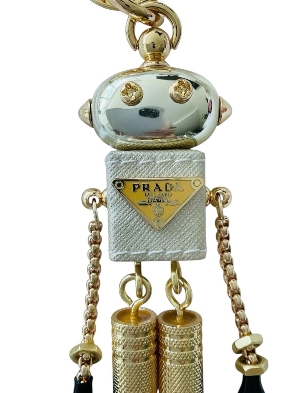 Prada Robot Keychain Charm Saffiano Leather Gold Black Bag Charm NEW - Picture 2 of 9